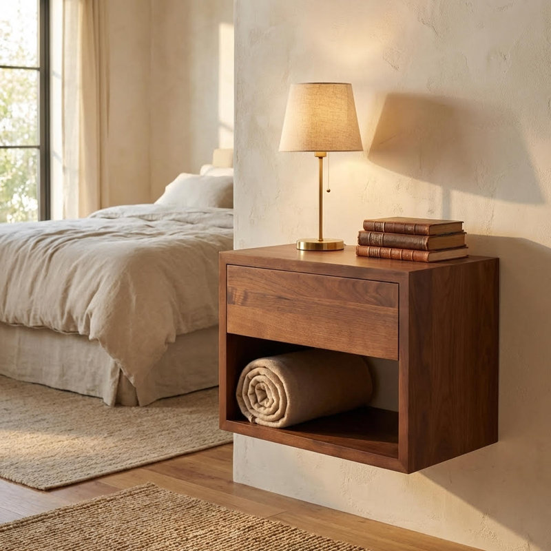 Large table de chevet flottante en noyer massif avec 1 tiroir - design scandinave minimaliste