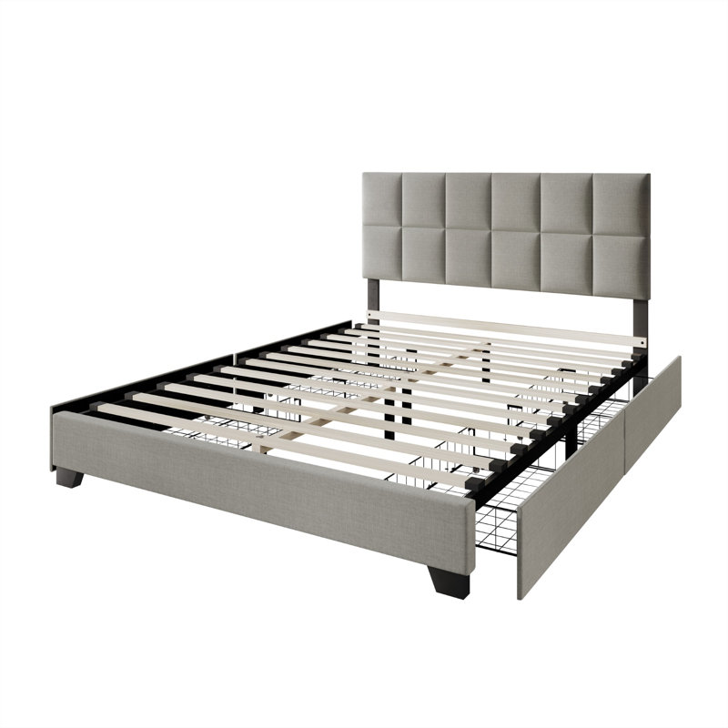 Lit plateforme tapissier avec rangement Lawi, Gris clair, Très grand