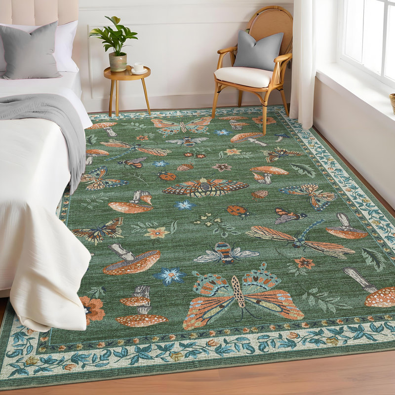 Mushroom Washable Area Rug with Insect Print, Non-Slip Low Pile Carpet for Living Room, Bedroom or Playroom, Green, 140*200cm