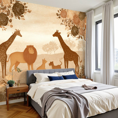 Papier peint auto-adhésif de la jungle scandinave minimaliste, tons de terre doux, peintures murales sur la faune, H 100 po x l 144 po, papier peint amovible en PVC, adhésif pour chambre à coucher, bureau à domicile
