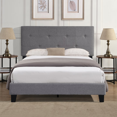 Full Size Upholstered Bed - Modern Grey Linen Headboard Button No Box Spring Wood Slat Support Simple Assembly Method Gray Frame With Fabric Easy Pattern