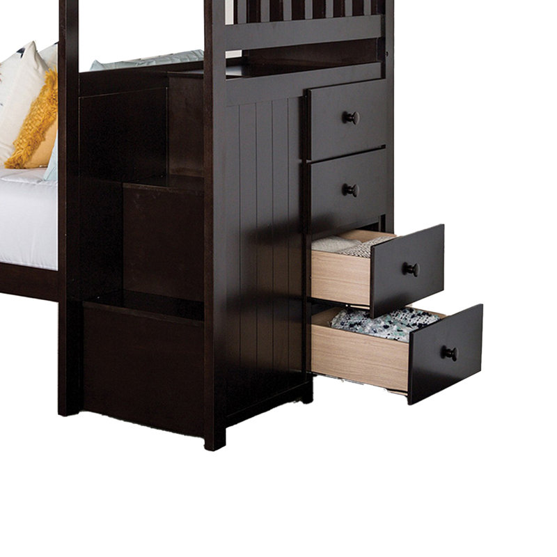 Lit superposé simple Riyo, unité de rangement encastrée, bois franc massif espresso