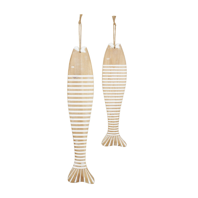 Wood Fish Brown Wall Decor with White Stripes and Hanging Rope Set