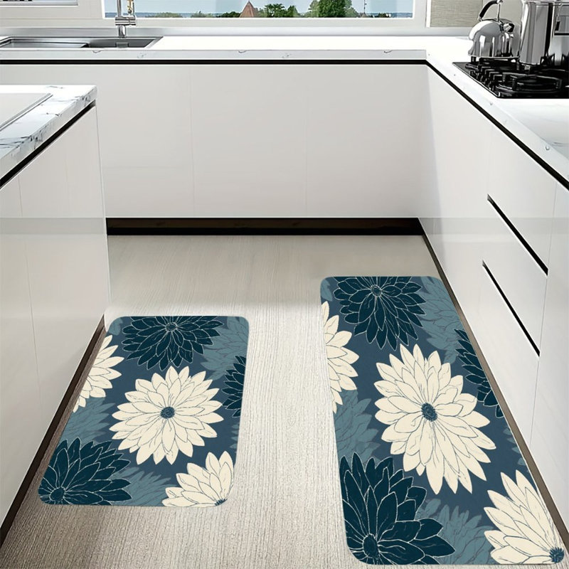 Navy Beige Chrysanthemums, Kitchen Mats Set Of 2, White/Navy Floral