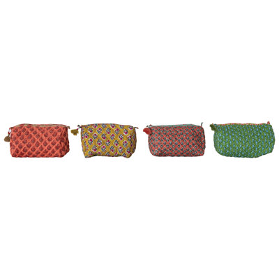 Quilted Cotton Velvet Printed Zip Pouch With Interior Lining And Pockets