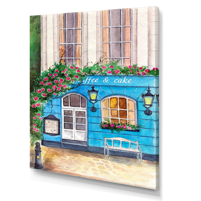 Cozy Blue Coffee Shop - Peinture sur toile, H 40 po x l 30 po, Toile tendue