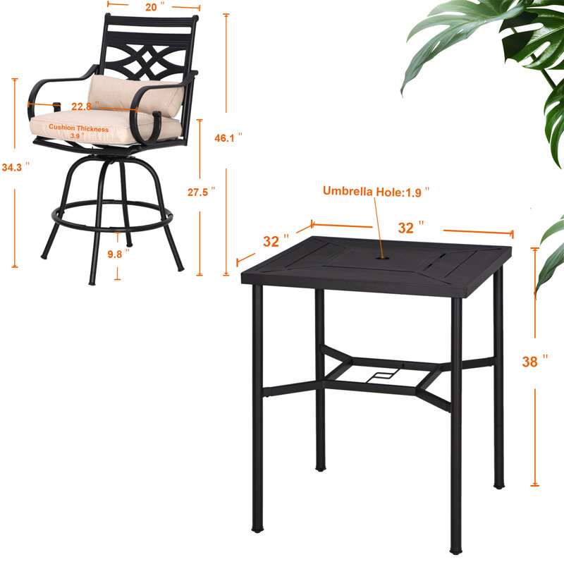 Ensemble bistro Alyne Square pour 2 personnes 32 po de long avec coussins