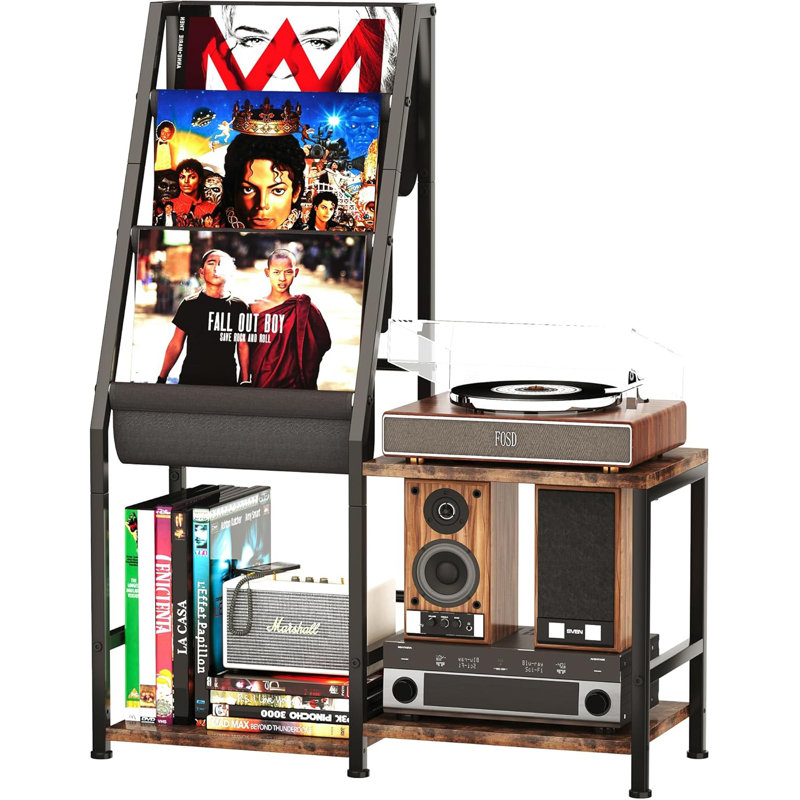 Record Player Stand with Vinyl Record Storage, 3-in-1 Record Cabinet & Turntable Stand, Fits 200 Albums, Vintage Media Storage Organizer, Rustic Brown