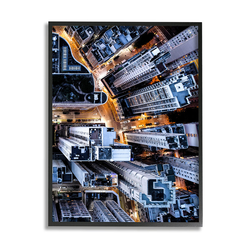 Urban City Streets Aérien Building Architecture - impression d'art graphique, Cadre noir, H 30 po x l 24 po x 1,5 po