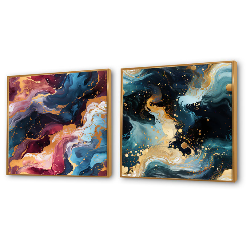 Gold Dreams Galactic Marble Dreams - Ensemble de 2 collages abstraits carrés, H 16 po x l 33 po, Cadre flottant doré