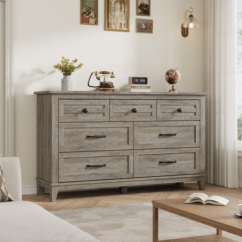 7 commodes pour la chambre à coucher, commode de 54 po de large avec rangement autoportant, commode en bois, Gris