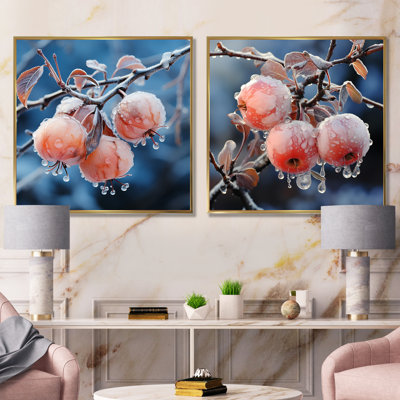 Pink Frosty Winter Apple Orchard I - Fruits Canvas Art Print Set Of 2