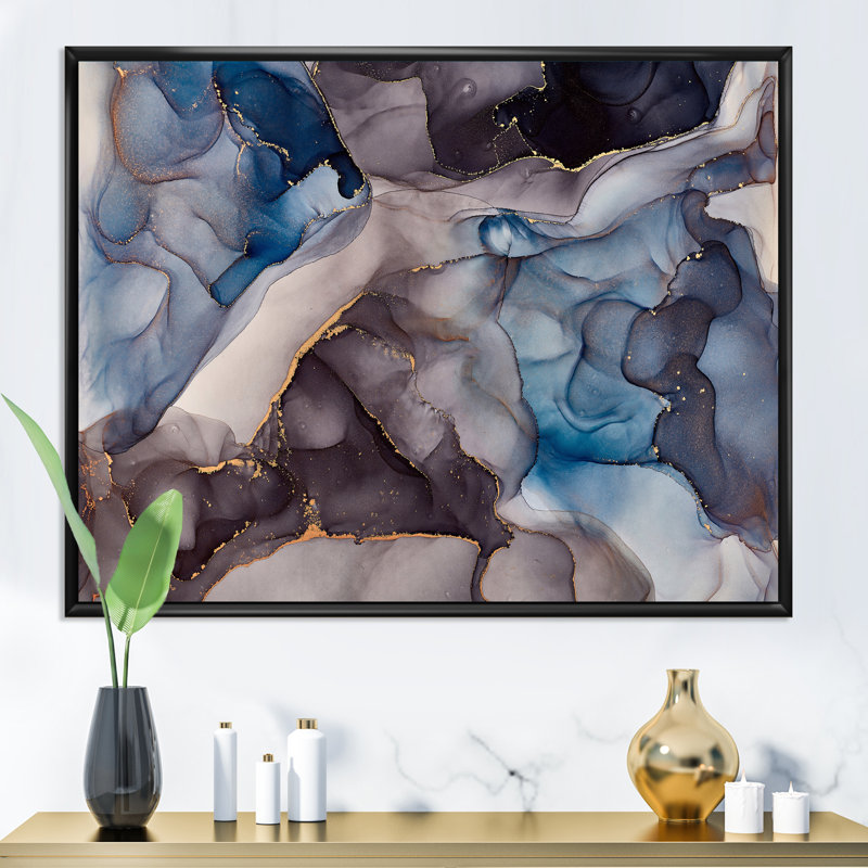 Fluide abstrait gris et bleu - Peinture sur toile, H 12 po x l 20 po x P 1 po, Cadre flottant noir