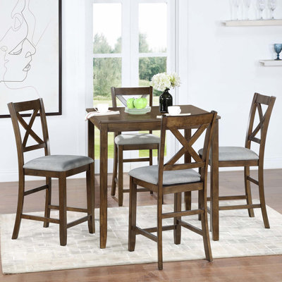 5 Piece Counter Height Dining Table Set, Wooden Square Table With 4 Upholstered Chairs For Small Space