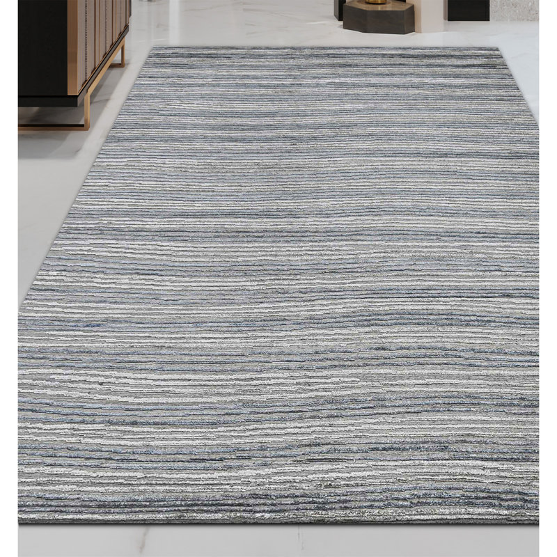 Striped Area Rug in Gray/White/Light Blue, Rectangle 10' x 14'
