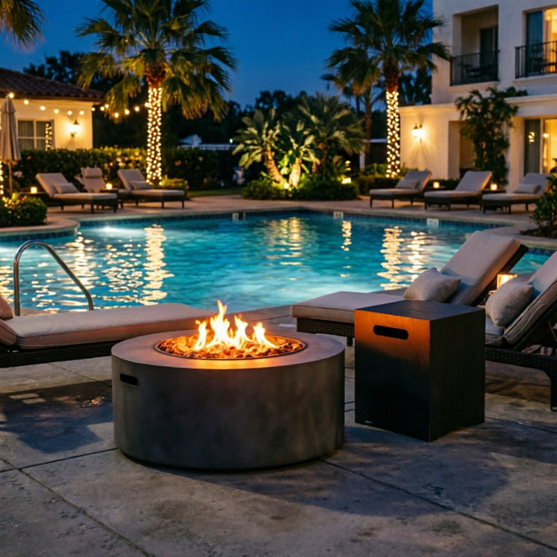 40,000 Btu Round Iron Propane Fire Pit With Tank Holder, Stone Gray/Brown