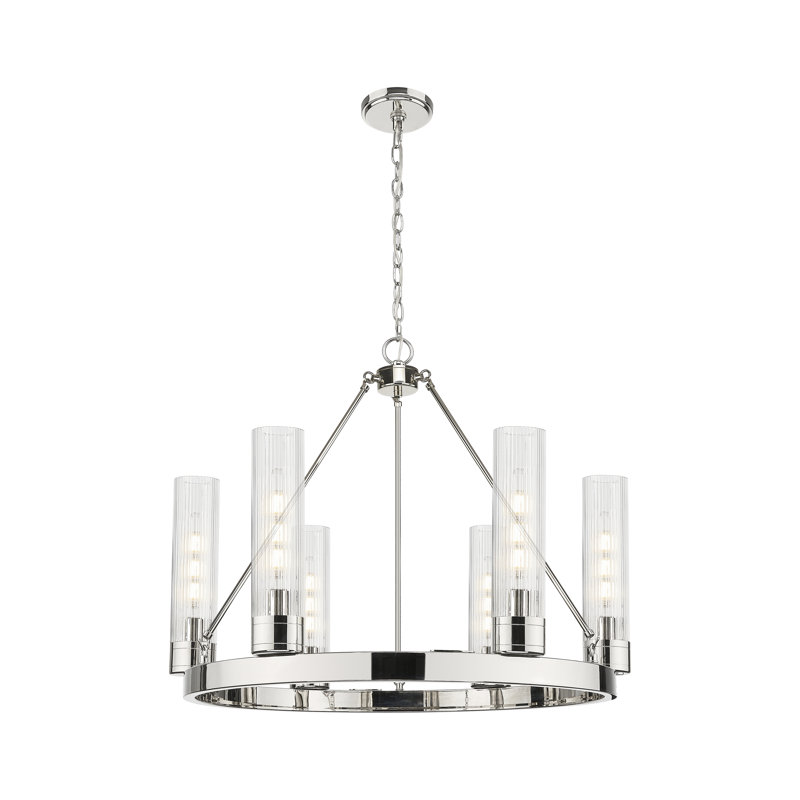 Lustre 6 lumières avec abat-jour Scherer, Rayé transparent, Nickel poli