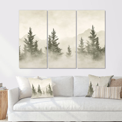 Cedar Tree Wall Art, Misty Forest Canvas - Blue Mist Cedar Tree 3 Piece Framed Canvas Wall Art Set Traditional Nature Decor