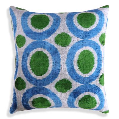 Oreiller vert et bleu rétro en velours de soie 16 x 16 po fait à la main