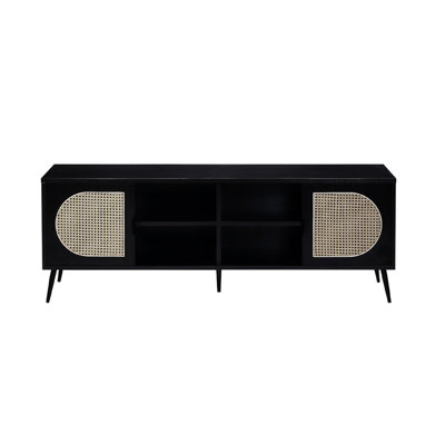 Meuble télé à la mode, noir, pieds en métal, armoire en placage, placage, 50-59 Élégant support en noir avec armoire et insert, 50 - 59
