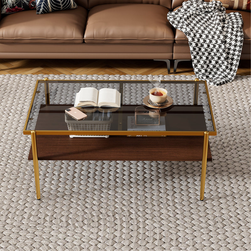 Table basse rectangulaire avec plateau en verre trempé gris et pieds dorés, table moderne pour le salon, Doré