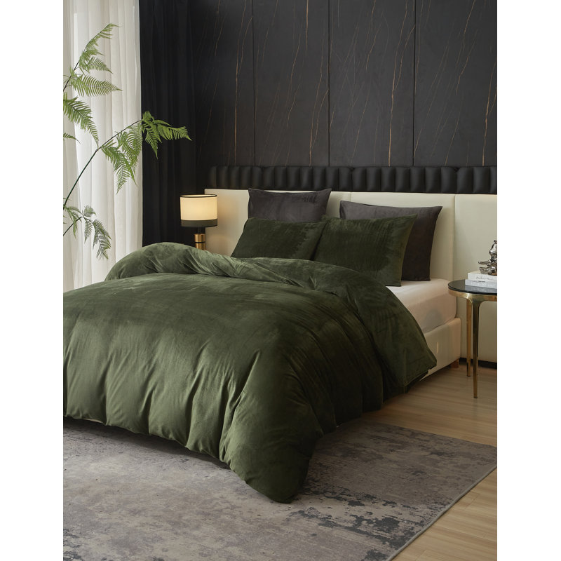 Ensemble d'édredon 100% velours vert Zera, Édredon de grand lit + 4 pièces additionnelles, Vert