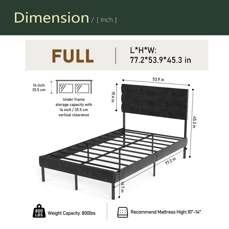 Structure de lit plateforme tapissier - avec tête de lit, aucun sommier nécessaire, rangement sous le lit 14 po, Lit double