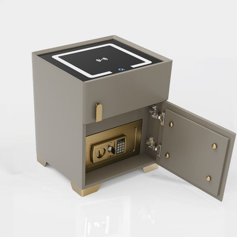 Modern Nightstand With Safe Box And Led Lights And Wireless Charge, Light Brown