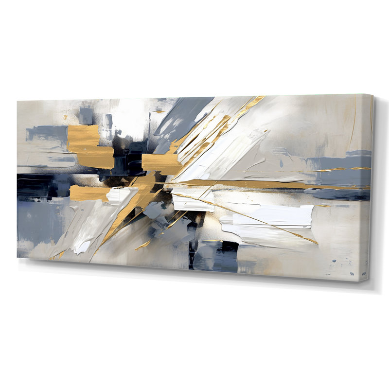 «Grey and Gold Transcendent Impressions I», art sur toile à formes abstraites, Toile tendue, H 28 po x l 60 po x P 1,5 po