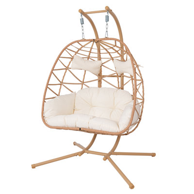 2 Person Double Hanging Egg Chair, Oversized Wicker Rattan Loveseat Swing Chair, Heavy Duty 600lbs Capacity, Foldable Basket Hammock Chair with Thick Cushion for Indoor Outdoor Patio Bedroom(Yellow+White)
