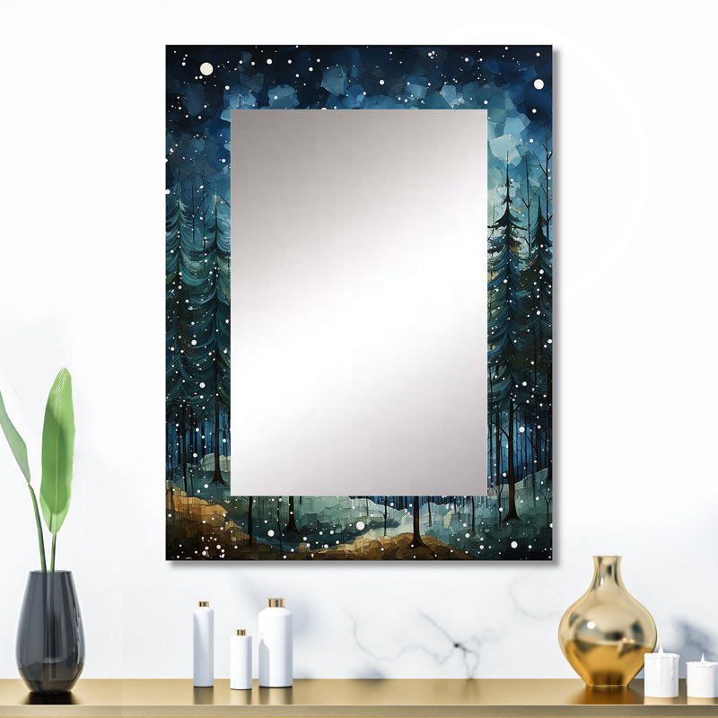 Winter Snowy Evergreen I - Miroir mural décoratif paysage d'hiver, grand miroir traditionnel, impression sur métal