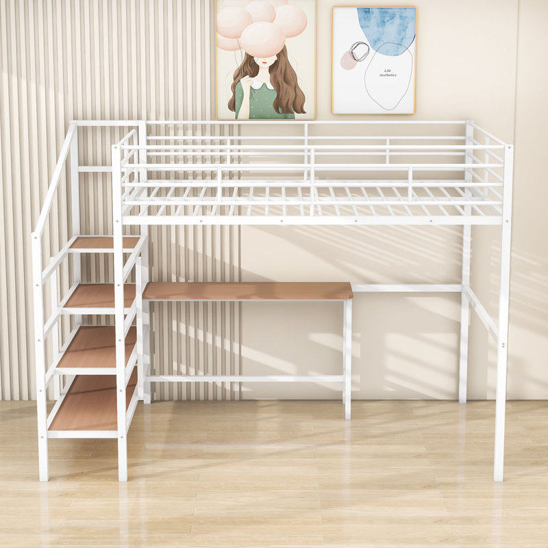 Full Metal Contemporary Loft Bed With Built-In-Desk And Shelves, White