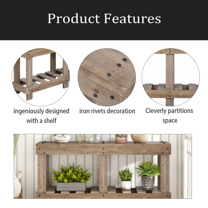 62.9" Vintage Entryway Table - Fir Solid Wood With Grain, 6 Reinforced Legs & 4.5" Thick Desktop, Metal Rivet Decor & Plank Under-Shelf, Console Table For Hallway, Living Room