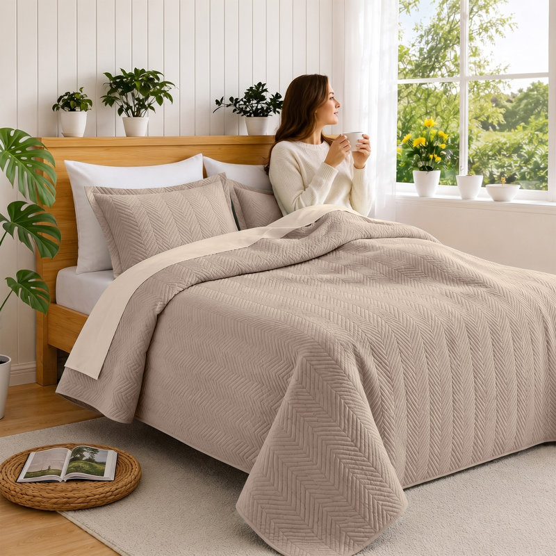 Ensemble de couvre-lit matelassé avec taies décoratives - couvre-lit en microfibre douce, courtepointe texturée en relief, literie moderne légère