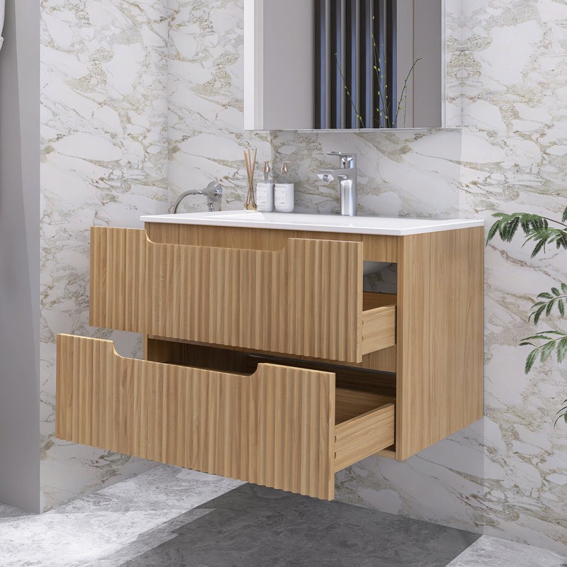 Meuble-lavabo mural moderne à rayures avec lavabo en céramique, 30"