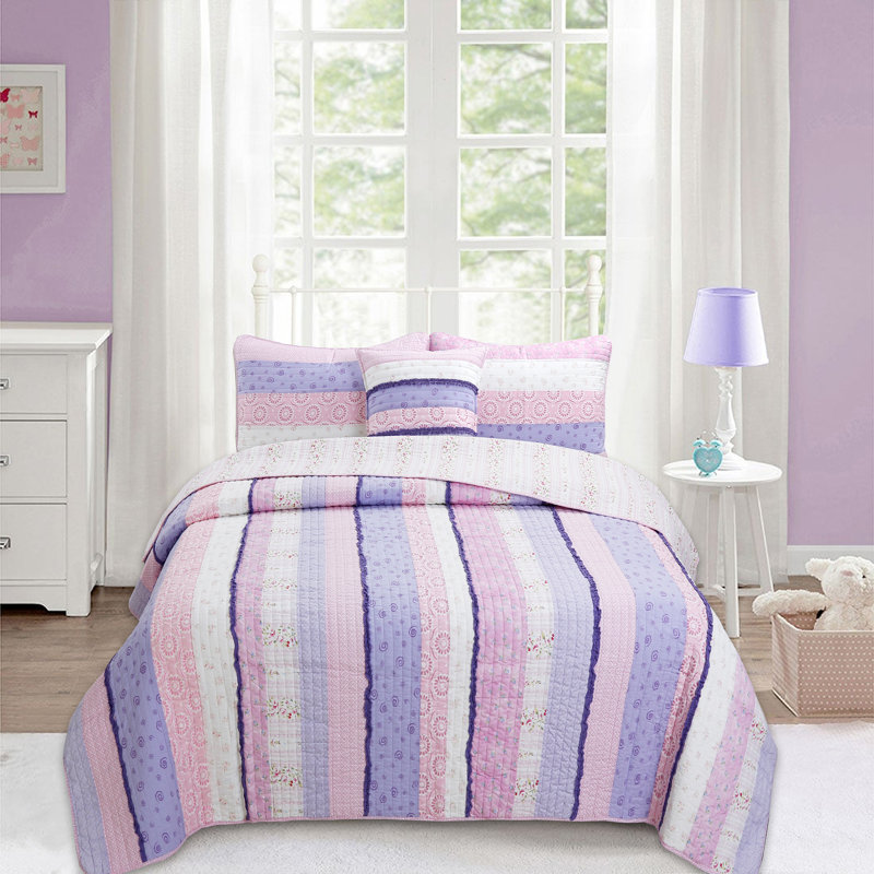 Ensemble de courtepointe réversible rose / mauve, Courtepointe pour lit simple + 1 taie décorative