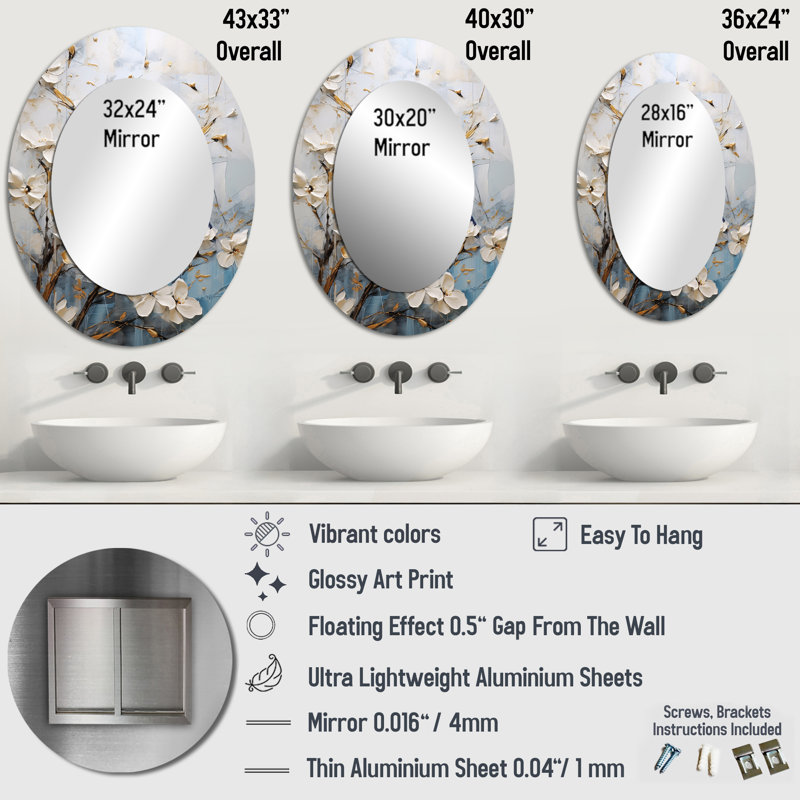 Décoration murale miroir ovale minimaliste en fleurs et oiseaux du printemps, H 36 po x l 24 po