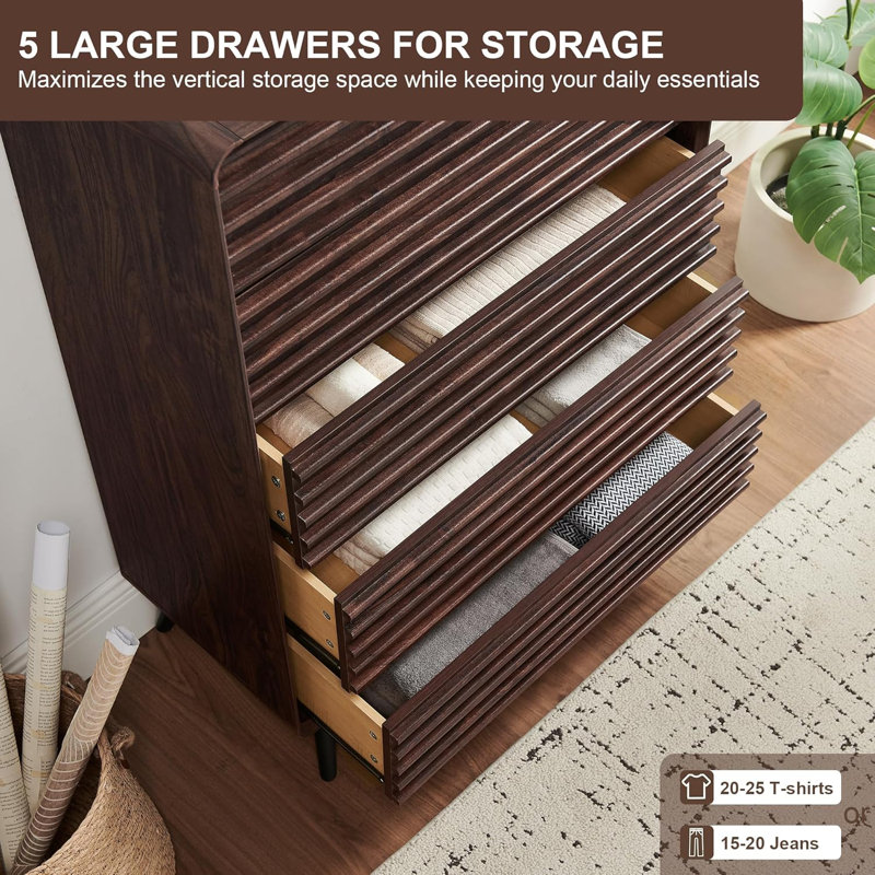 48" Tall 5-Drawer Vertical Dresser, Mid-Century Modern Fluted Panel Design, Wood Storage Cabinet for Bedroom, Living Room, Space-Saving Organization