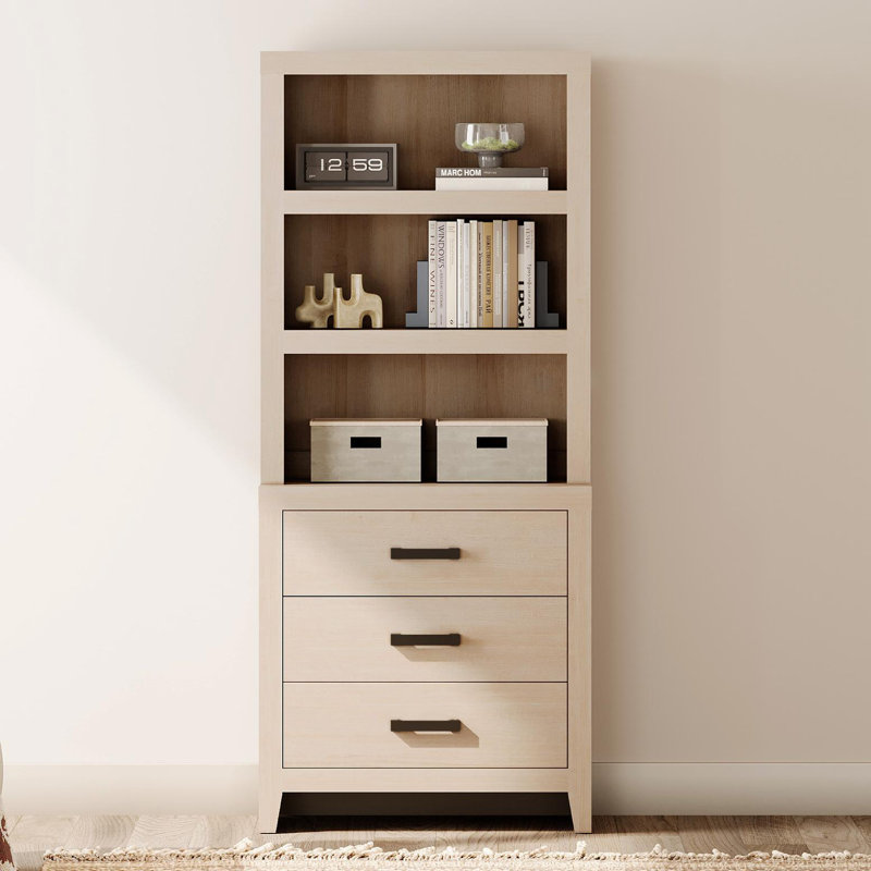 3 Tier Bookshelf With 3 Large Drawer, 74" Tall Modular Bookshelf With Wide Metal Handles, Farmhouse Bookcase Organizer For Living Room, Office, Library, Beige