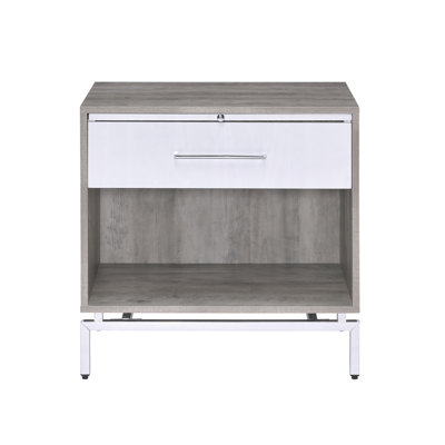 Table de chevet pour chambre à coucher avec 1 tiroir et aire ouverte, chêne gris blanc, ensemble d'accessoires à base en métal