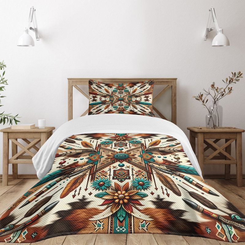 Twin White and Multicolor Aztec Inspired Bedspread Set