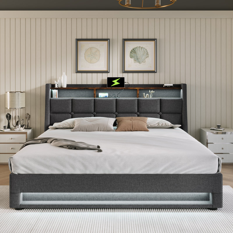Lit plateforme tapissier avec charge DEL et USB, Gris, Grand lit