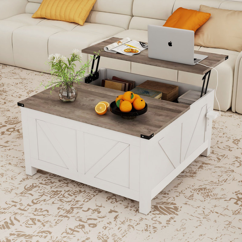 Table basse de 25 po de hauteur avec station de chargement et de rangement, tables basses à plateau relevable et tables centrales pour le salon