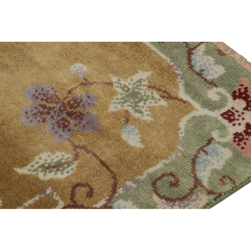 Rug & Kilim’S Chinese Art Deco Rug In Gold With Floral Pattern, Rectangle 8' x 10'