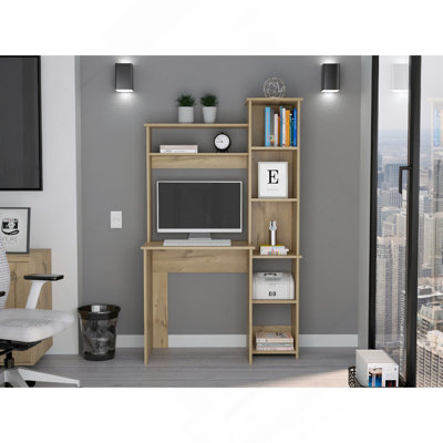 Desk, Five Shelves, Two Superior Shelves, Light Oak