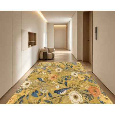 Vintage Yellow Bird Floral Area Rug, Classic Art Pattern, Machine Washable Non-Slip Floor Carpet, Vibrant Indoor Home Decor for Living Room, Bedroom, Dining Room, Entryway, Kitchen, Balcony, Apartment