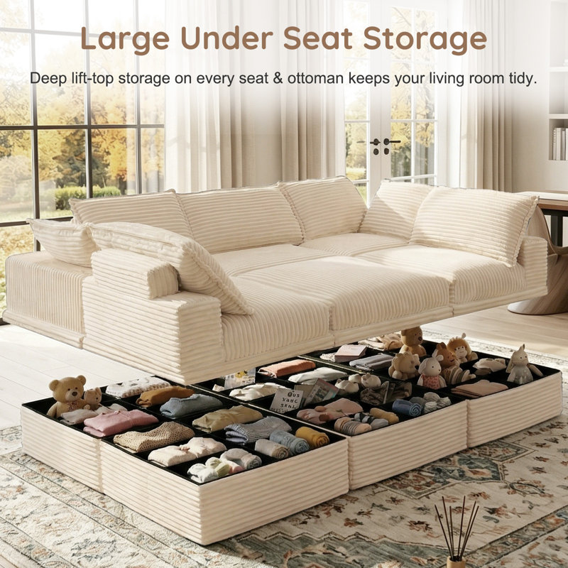 Boneless 107" Modular Sectional Sofa, 6-Piece Convertible Sofa Bed, U-shaped/L-shaped Sleeper Sofa With Underseat Storage & Ottoman For Living Room
