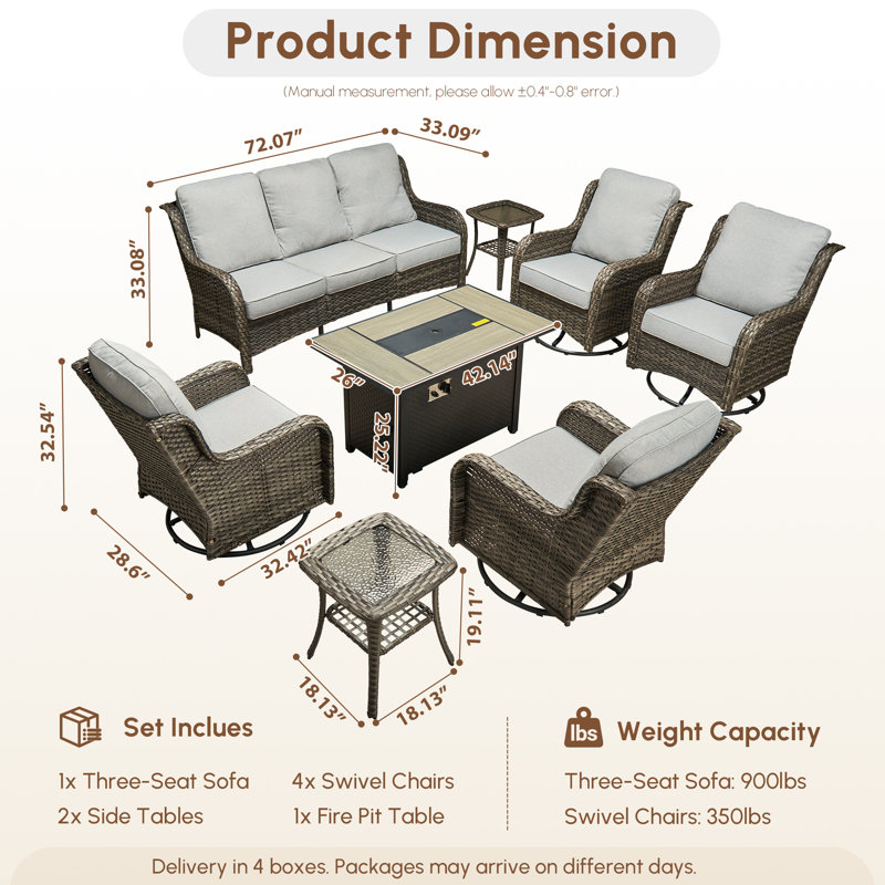 Adams 7- Person Outdoor Wicker Patio Sofa Seating Group With Swivel Rocking Chairs And Fire Pit Table, Gray, Gray