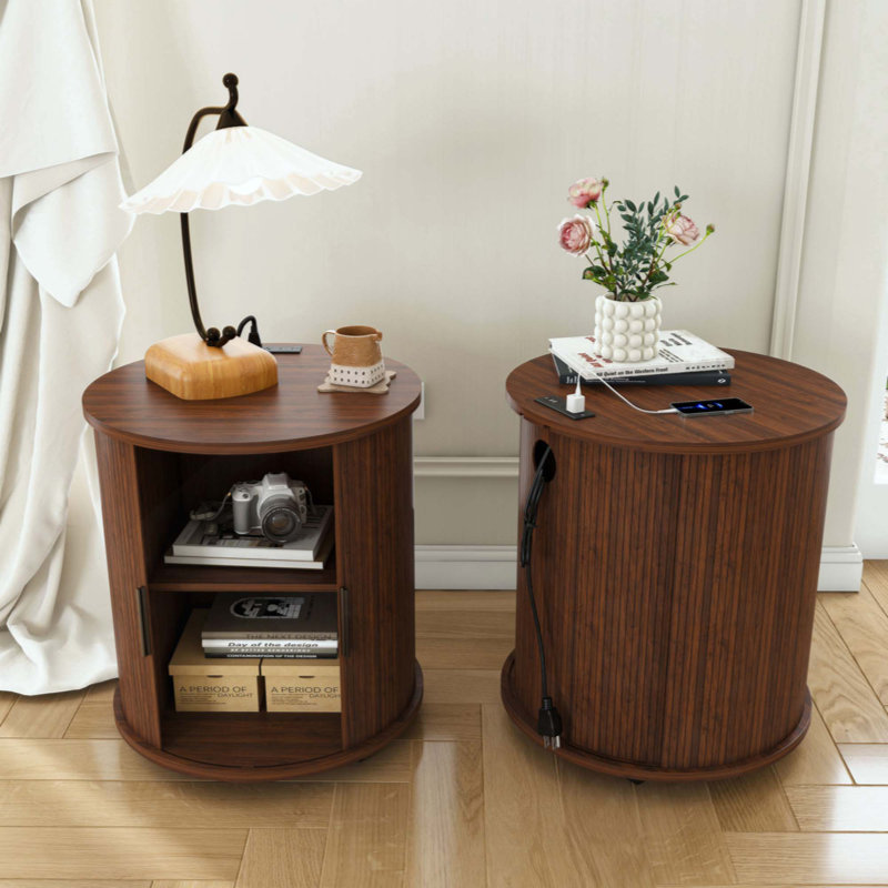Set Of 2 Mid Century Modern Cylinder End Tables With Built-In Charging Station & Sliding Door, 2-Tier Storage Round Nightstands With USB Ports, Bedside Tables For Living Room, Bedroom, Entryway