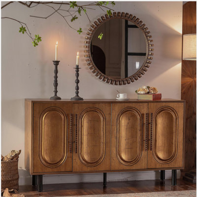 Armoire buffet 59,84 "à 4 portes de ton or - Console de rangement en bois massif et panneau de fibres à densité moyenne pour la salle à manger / salon